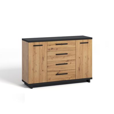 FURNIX Kommode INELO K2D4SZ Sideboard mit Schubladen Türen Schwarz Mat/Artisan