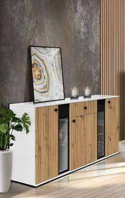 FURNIX Sideboard Melides Schublade 3-türig LED Anrichte Glastüren140 cm Weiß Artisan