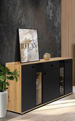 FURNIX Sideboard SARAI Schublade 3-türig LED Anrichte Glastüren140 cm Artisan Schwarz