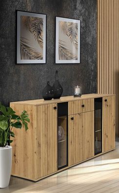 FURNIX Sideboard SARAI Schublade 3-türig LED Anrichte Glastüren140 cm Artisan