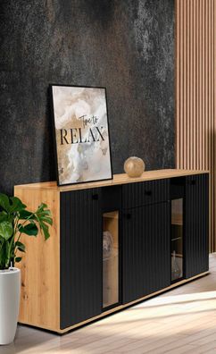 FURNIX Sideboard SARAI Schublade 3-türig Anrichte Glastüren140 cm Artisan Schwarz