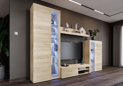 FURNIX Mediawand Alvor Wohnwand TV-Lowboard Highboard Vitrine 4-tlg 270 cm Sonoma