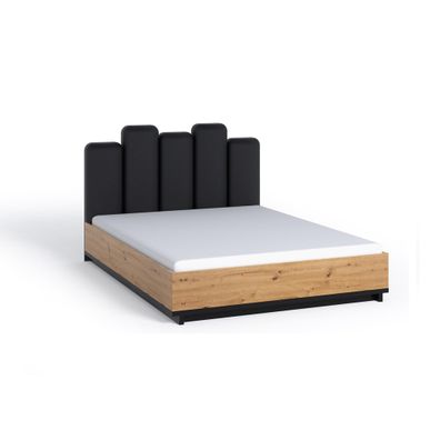 FURNIX Doppelbett INELO Bettrahmen mit gepolstertes Kopfteil Schwarz Mat/Artisan