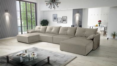 FURNIX Eckesofa in U-Form ELONE Polstercouch Schlaffunktion und Kissen RL04 Beige