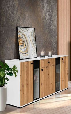 FURNIX Sideboard Melides Schublade 3-türig Anrichte Glastüren140 cm Weiß Artisan