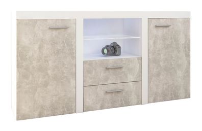 FURNIX Sideboard Marcuss mit 2 Schubladen und Glasvitrine 2F2S B156,4 cm Weiß/Beton