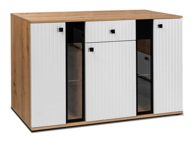 FURNIX Sideboard Silentes Schublade 3-türig Anrichte Glastüren 140 cm Artisan Weiß