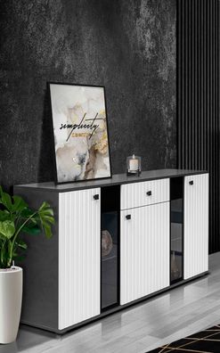 FURNIX Sideboard Melides mit Schublade 3-türig Anrichte Glastüren 140 cm Matera Weiß