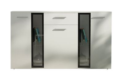 FURNIX Sideboard Silentes mit Schublade, LED 3-türig Anrichte Glastüren 140 cm Weiß