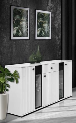 FURNIX Sideboard Melides mit Schublade 3-türig LED Anrichte Glastüren140 cm Weiß