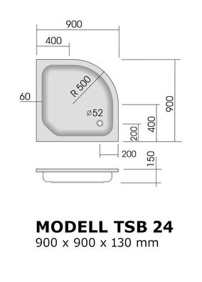 tsb024 Duschwanne Viertelkreis 90x90 R 50 cm, H 13