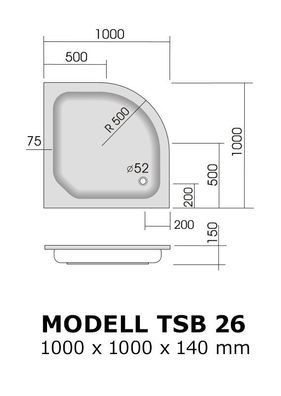 tsb026 Duschwanne Viertelkreis 100x100 R 50 cm, H 14