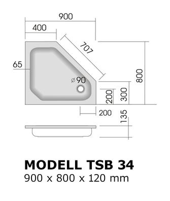 tsb034 Duschwanne 90x80 Duschwannen 90x80 Fünfeck 12 Rechts