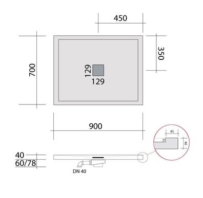 SRP9070 bodengleiche Dusche 90x70 mit Rand, Mineralguss