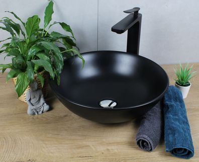 HAGO® Keramik Waschbecken rund Ø 400 x 145 schwarz matt ohne Überlauf Aufsatz