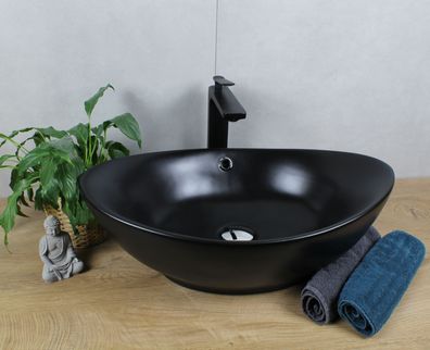 HAGO® Keramik Waschbecken oval 590x380x190 schwarz matt mit Überlauf Aufsatz