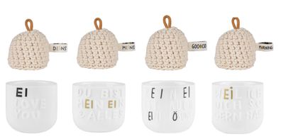 Eierbecher 4er-Set mit unterschiedlichen Motiven und 4 Mützen - Räder Design