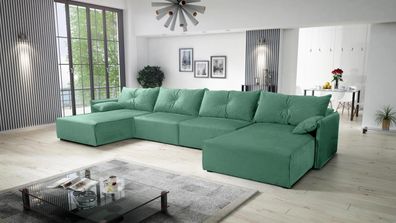 FURNIX Ecksofa in U-Form ELONE Polstercouch Schlaffunktion und Kissen RL18 Türkis