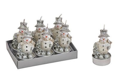 Teelicht Weihnacht Schneemann aus Wachs silber 6er Set ca. 7 x 4 cm in Geschenkbox