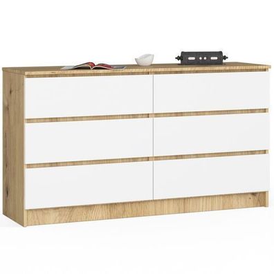 Kommode AKORD K140 Eiche Artisan 138 cm 6 Schubladen Front Weiß B138 x H77 x T40 cm