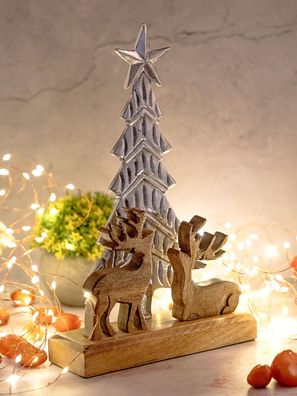 Dekofigur Weihnachtsbaum mit Hirschen 20x31cm Weihnachtsdeko Mangoholz Aluminium