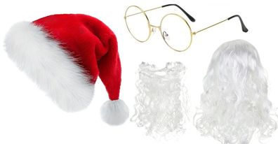 4tlg. Weihnachtsmann Set, Mütze, Brille, Bart, Perücke Santa Claus Nikolaus