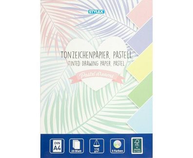 Tonzeichenpapier DIN A4 pastell kopfgeleimt 110 g/m² 20 Blatt 5 Pastellfarben