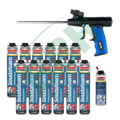 SOUDAL Spar-Set: Schaumpistole + 12 x 750 ml Pistolenschaum Soudafoam Gun + Reiniger