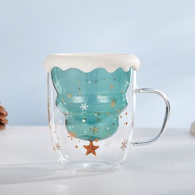 Doppelwandiger Isolierglas-Kaffeebecher, Weihnachtsbecher mit Deckel, grün