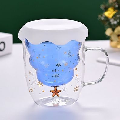 Doppelwandiger Isolierglas-Kaffeebecher, Weihnachtsbecher mit Deckel, blau