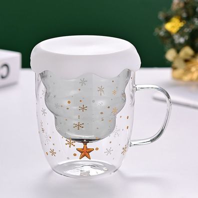 Doppelwandiger Isolierglas-Kaffeebecher, Weihnachtsbecher mit Deckel, grau