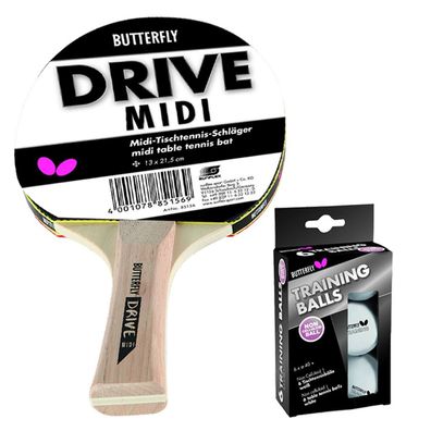 Butterfly Drive Midi Tischtennisschläger + 6 Tischtennisbälle Training weiß |