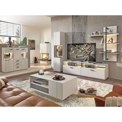 Wohnzimmer Coben 24 Sahara Creme 5-teilig Vitrine Sideboard LED