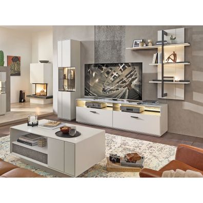 Wohnzimmer Coben 25 Sahara Creme 4-teilig Vitrine Sideboard LED