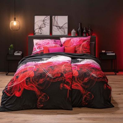 Estella Mako Jersey Bettwäsche 155x220 Fog Farbrausch schwarz rot pink 6294-460