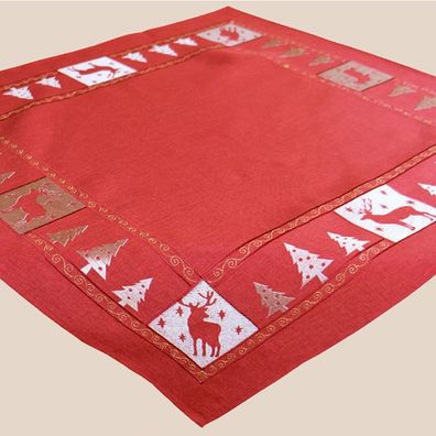 Mitteldecke - 85 x 85 cm rot-gold Stickerei ''Hirsch''