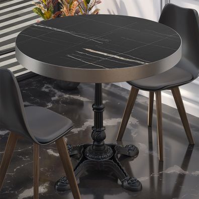 BPR | Bistro Tisch | Ø 60 x 77 cm | Rund | Edelstahl Rand | Schwarz Marmor / Schwarz