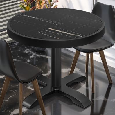 BSD | Bistro Tisch | Ø 70 x 77 cm | Rund | Metallrahmen | Schwarz Marmor / Schwarz |