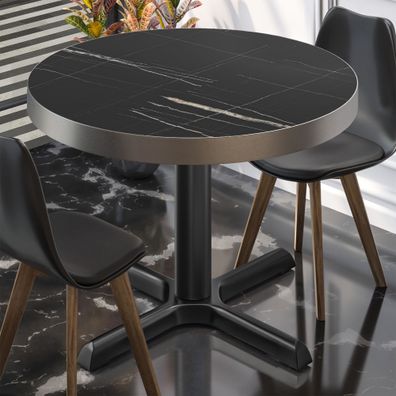 BSM | Bistro Tisch | Ø 60 x 77 cm | Edelstahl Rand | Rund | Schwarz Marmor / Schwarz