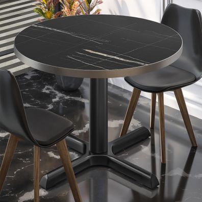 BSM | Bistro Tisch | Ø 60 x 74,5 cm | Edelstahl Rand | Rund | Schwarz Marmor / Schwa