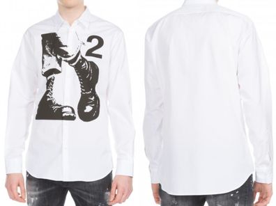 Dsquared2 Mens Shoe Printed Cotton White Casual Shirt Kent Collar Hemd New 44