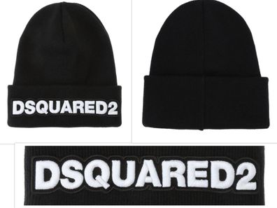 Dsquared2 Logo Embroidered Beanie Black Ribbed Knit Hat Hut Strickmütze Mütze