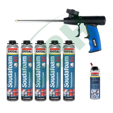 SOUDAL Spar-Set: Schaumpistole + 5 x 750 ml Pistolenschaum Soudafoam Gun + Reiniger