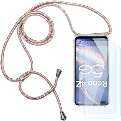 Ellmi Schutzhülle mit Seil für Oppo Reno 4Z 5G + 2 Panzerglasfolien, roségold