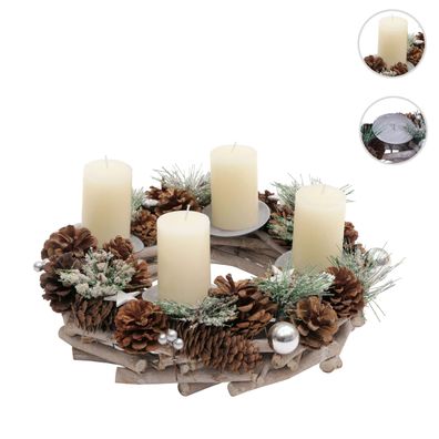 Adventskranz HWC-M15, Adventsgesteck Tischkranz Weihnachtsdeko, Holz silber Ø 32cm