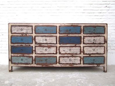 China breite Kommode Sideboard shabby chic 16 Schubladen weiß blau Pinie