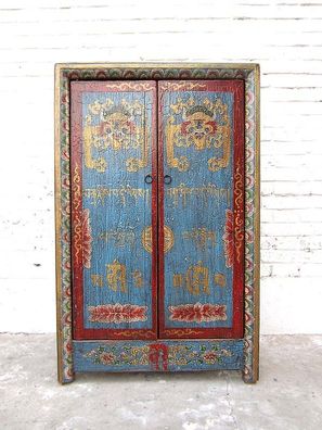 Kleine Kommode Schrank blau-rot vintage style Vollholz aus Tibet. Luxury Park