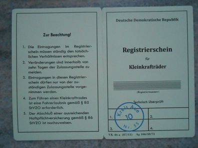 Registrierschein für Kleinkrafträder, Simson SR4-2/1 mit Stempel