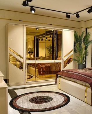 Kleiderschrank Spiegeltür Wardrobe Stoffschrank Beige Gold Schlafzimmer