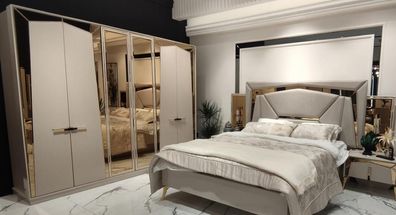 Bett Nachttische Kleiderschrank Spiegeltür Beige Gold Schlafzimmer Set 4Tlg